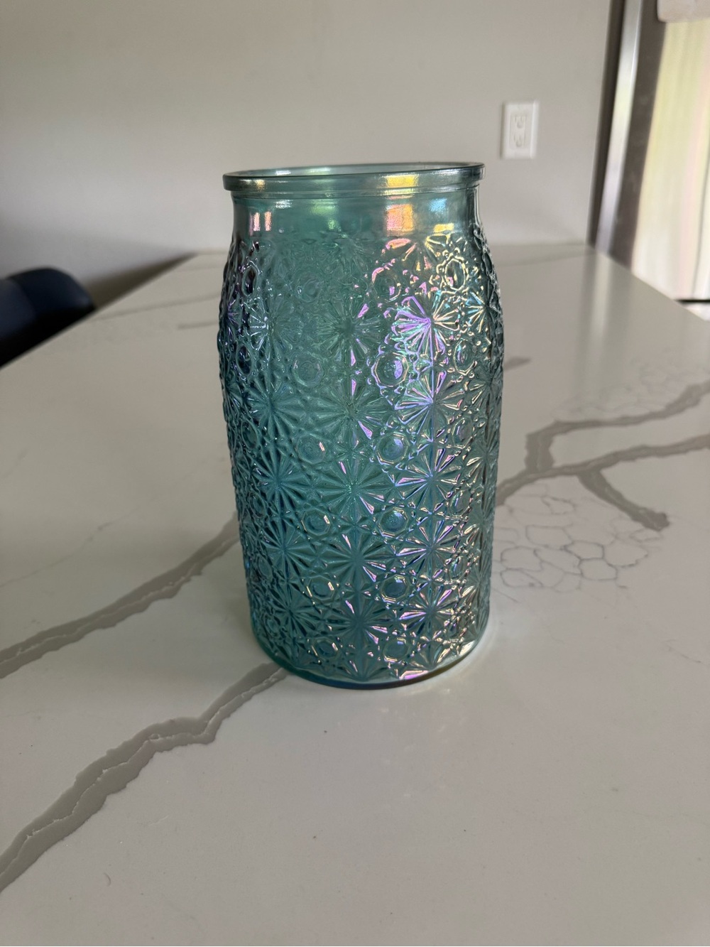 Iridescent Teal Glass Vase with Starburst Pattern - Home Accents